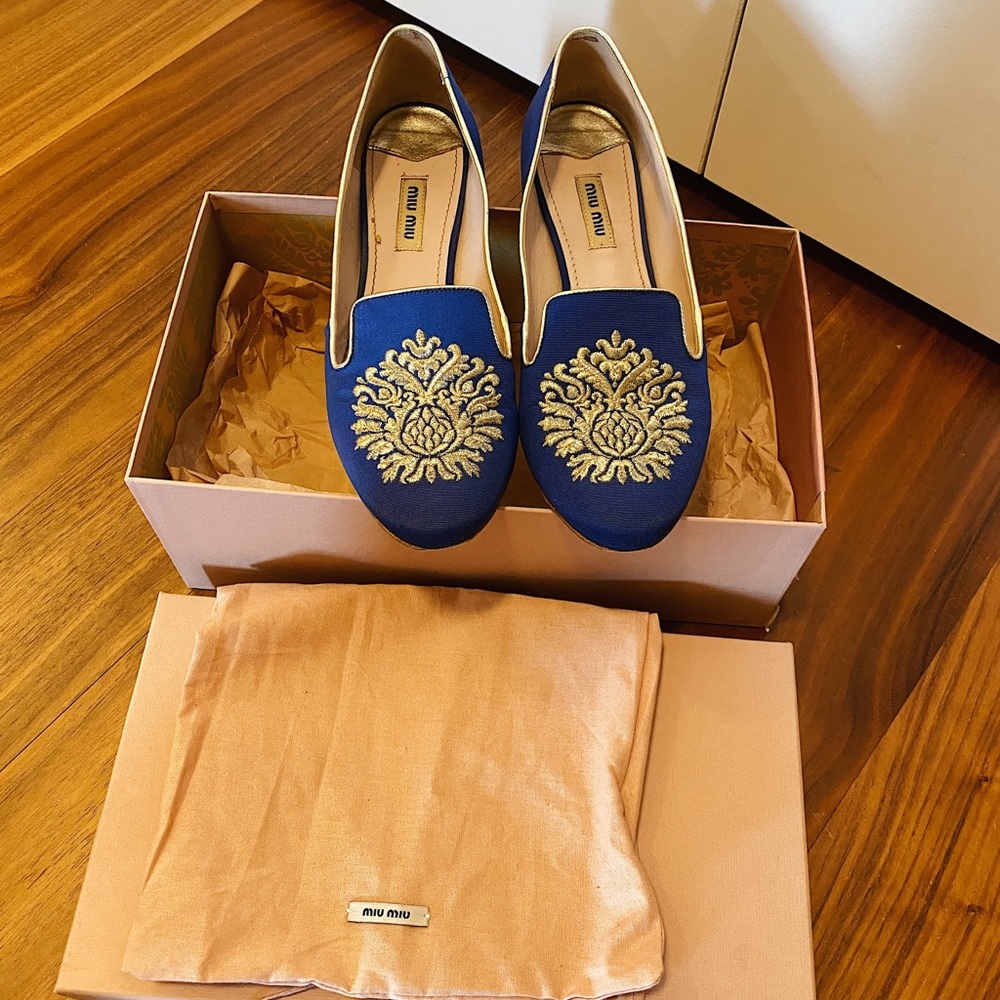 Miu Miu bling heel cobalt blue embroidered loafer